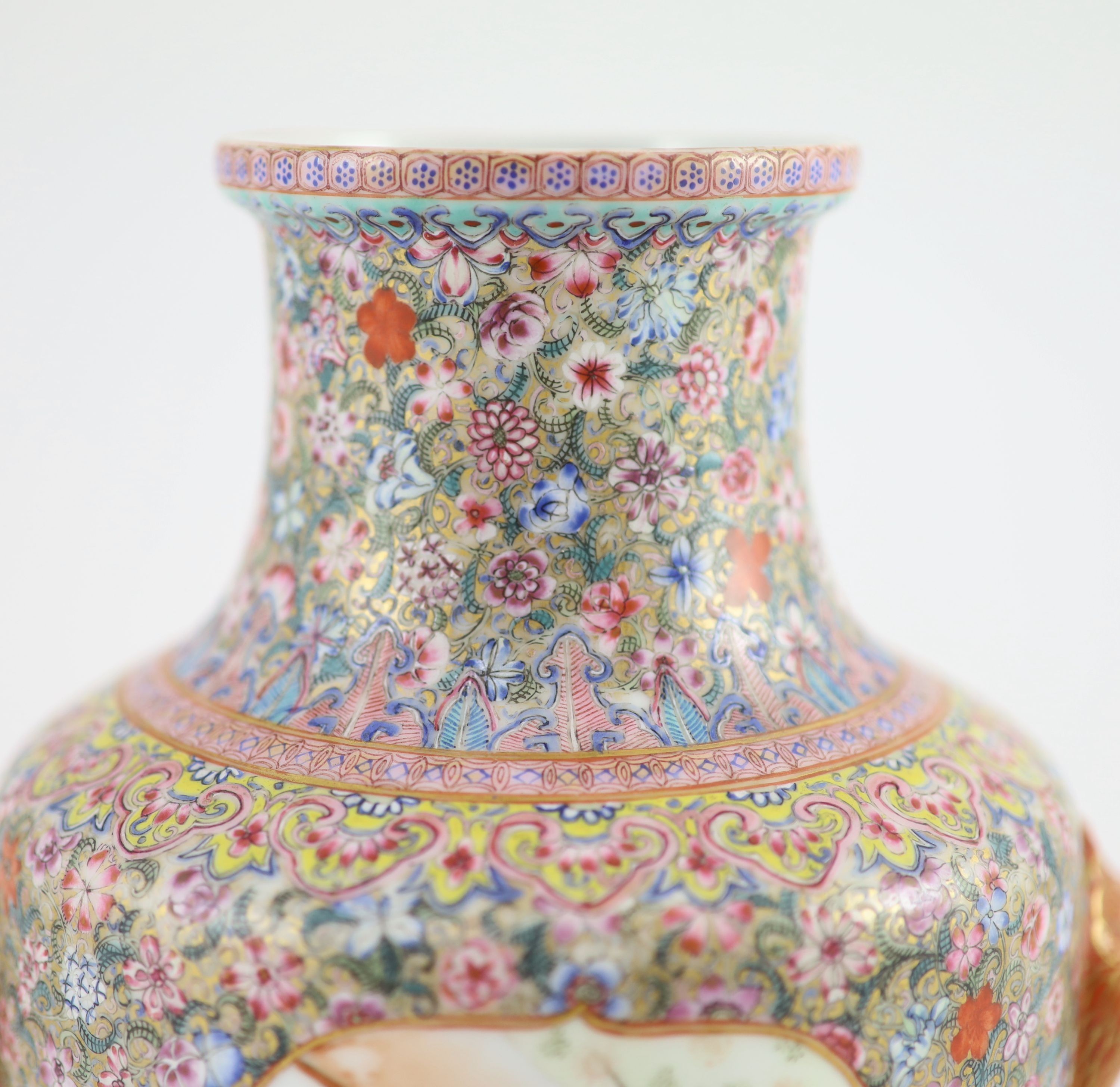 A Chinese famille rose millefleur vase, Qianlong mark but Republic period, 28cm high